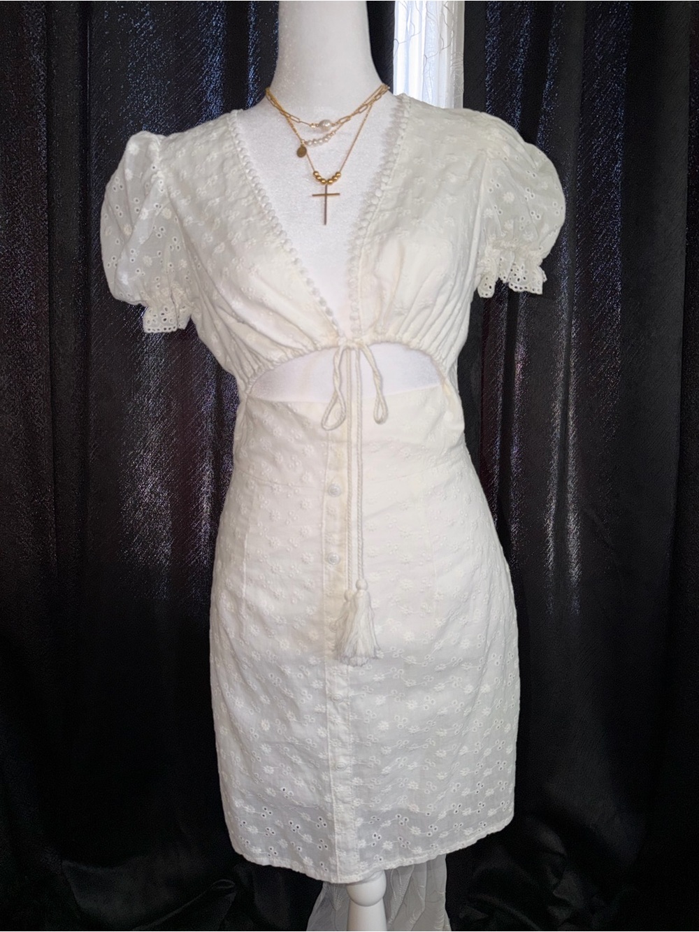 SHEIN White Eyelet Tie-Front Mini Dress